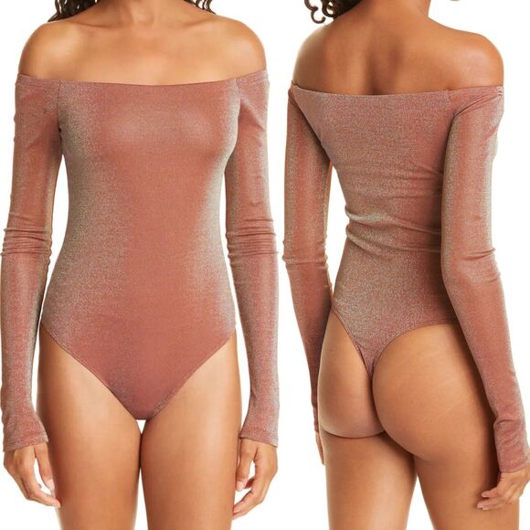 Alix NYC Women S Addison Bodysuit Brown Off Shoulder Shimmer Stretch NEW - Picture 1 of 7